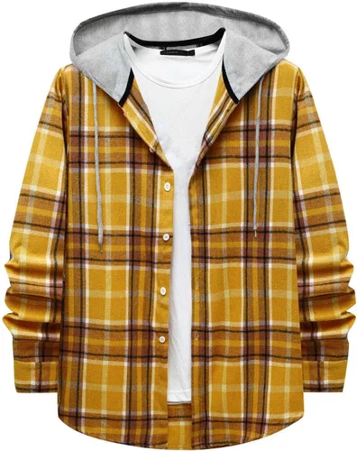 Vista 28 de Aymnlox Sudaderas con capucha para hombre, de manga larga, a cuadros, con botones, con capucha, casual, elegante, con cordón, 2024 #A01-Red
