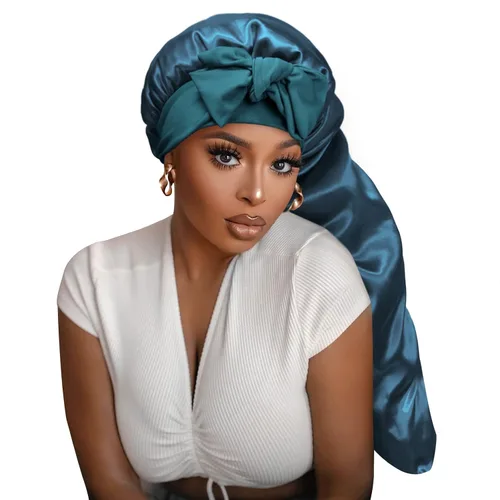 Vista 10 de Isshin Beauty Gorro de satén de seda para el cabello: gorro largo con banda elástica y correas ajustables, tamaño jumbo (leopardo)