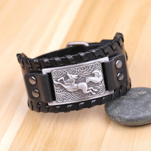 Vista 5 de Viking Fox Celtic Knot Irish Cuff Pulseras anchas de cuero punk joyería ajustable (negro y plata antigua), Cuero