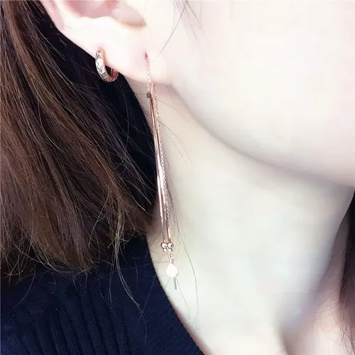 Vista 6 de SAGEKING 2024 New 585 Purple Gold Plated 14K Rose Gold New In Soft Chain Tassel Round Bead Earrings For Women Classic Water Drop Ear Line Jewelry