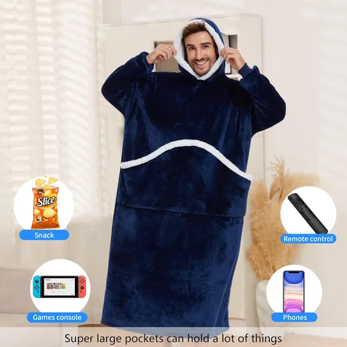 Vista 3 de Manta con capucha portátil para adultos y niños, sudadera con capucha de gran tamaño, manta con capucha de forro polar Sherpa con bolsillo gigante