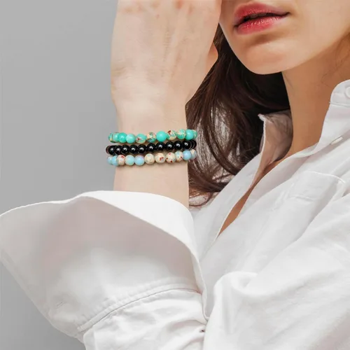 Vista 2 de Risyfjew 3 pulseras de cristal curativo para mujer de 0.315 in de piedra natural con cuentas elásticas de amatista, regalos de joyería