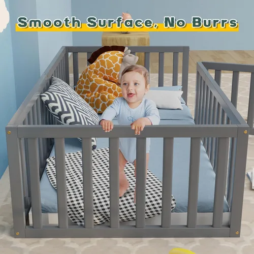 Vista 4 de Zevemomo Cama de suelo tamaño individual para niños y niños, cama de piso Montessori individual con barandillas de seguridad y puerta, cama de piso