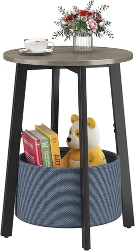 Vista 12 de sthmec Mesa auxiliar pequeña redonda con cesta de almacenamiento de tela, mesa de centro redonda con marco de metal para sofás de cama, mesas