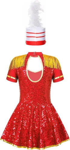 Vista 2 de MSemis Disfraz de Majorette de lentejuelas para niñas, con borlas, gorra de línea A, vestido de uniforme de maestro de anillos real