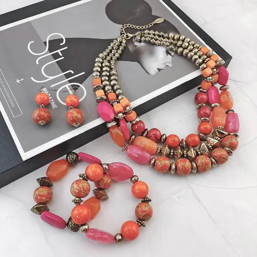 Vista 5 de Conjunto BOCAR de collar robusto de 3 capas con cuentas de múltiples y aretes, para mujer