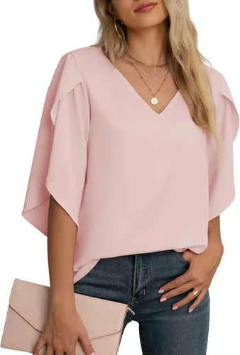 Vista 31 de Blusas de gasa con mangas 3/4 arrugadas de otoño para mujer de Jouica 01amy Verde