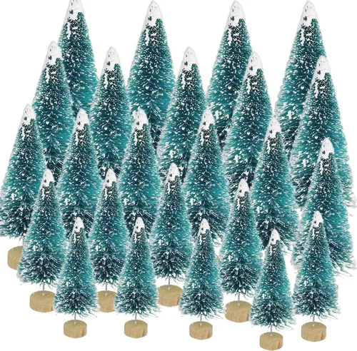 Vista 13 de 24 piezas de árboles de cepillo para botellas, decoración de Navidad, mini árbol de Navidad blanco con base de madera, árbol de pino de sisal