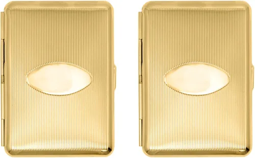 Vista 2 de Juego de 2 cajas de cigarrillos compactas chapadas en metal tamaño King con bandas elásticas (oro ovalado)