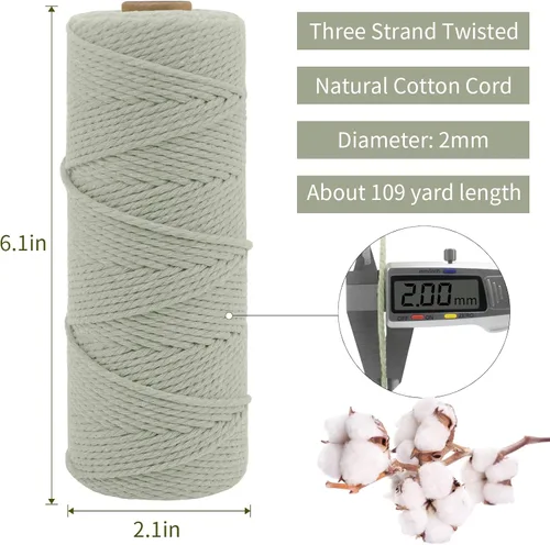 Vista 2 de CAMAL Cordón de macramé de 0.079 pulgadas x 109 yardas, cuerda de color trenzado de 3 hebras de algodón natural para tejer, atrapasueños, colgar