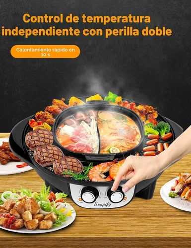 Vista 2 de Olla caliente 2 en 1 con parrilla, parrilla eléctrica coreana para barbacoa, control de temperatura dual independiente y sartén antiadherente