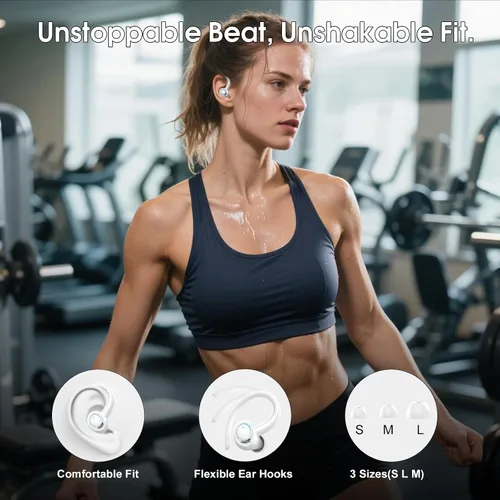 Vista 4 de Auriculares deportivos inalámbricos con gancho para la oreja, 48H Deep Bass/ENC Mic Ear Buds White Wireless Earphone with LED Display, Bluetooth