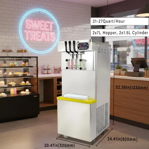 Vista 2 de Comercial 3 Sabores Soft Serve Ice Cream Maker,21-27Quart/Hour Máquina de Helado,Yogurt Helado,Tanques superiores refrigerados,Auto