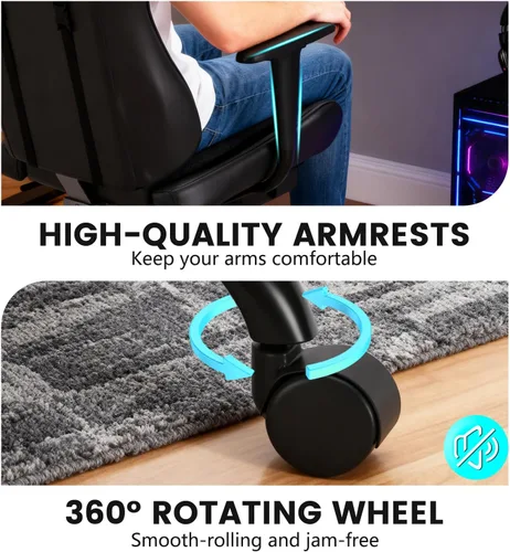 Vista 8 de BestOffice Silla ergonómica para juegos Negro Silla reclinable para computadora con soporte lumbar, almohada reposacabezas y reposapiés