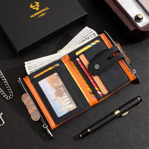 Vista 6 de gzcz Billeteras para hombre con cadena de cuero genuino plegable para hombre Rfid bloqueo monedero con tarjeta de crédito, BP901-Negro con Naranja