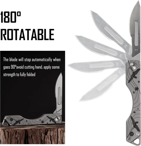 Vista 3 de KeyUnity KK01 Cuchillo plegable de titanio, cuchillo de bolsillo EDC con hoja reemplazable #24, para caza al aire libre, campamento, pesca