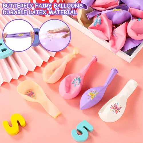 Vista 3 de Libima 45 globos de látex de mariposa para decoración de cumpleaños, globos de látex de hadas rosas y moradas, decoraciones para niñas, princesas