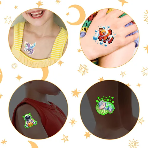 Vista 5 de Tatuajes temporales 3D que brillan en la oscuridad para niños, 117 unicornios, sirena, camión, dinosaurio, caricatura, animales, tatuajes falsos