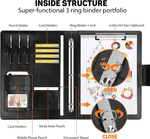Vista 3 de Toplive Portfolio Carpeta de 3 Anillas Padfolio, Carpeta de Portafolio para Entrevistas de Negocios y Currículum para Mujeres y Hombres