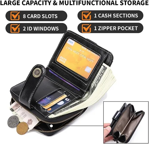 Vista 3 de Cartera de piel con bloqueo RFID para mujer con bolsillo con cremallera, pequeña cartera compacta con sección de efectivo, 8 tarjeteros de crédito