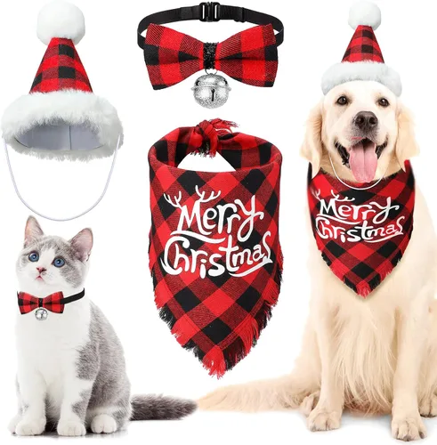 Vista 8 de Weewooday Juego de 3 piezas de disfraz de Navidad para perro, bandana a cuadros de búfalo, bufanda triangular, corbata de lazo para mascotas