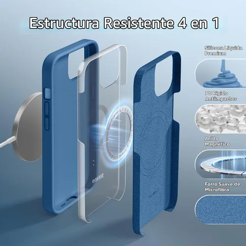 Vista 6 de GONEZ Funda magnética para iPhone 14, compatible con Magsafe, con protector de pantalla + protector de cámara, forro de microfibra antiarañazos Azul
