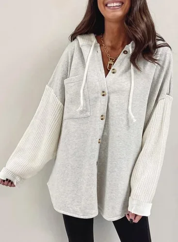 Vista 3 de SHEWIN Sudaderas con capucha de gran tamaño para mujer, casual, de manga larga, con cordón y botones, con bolsillo