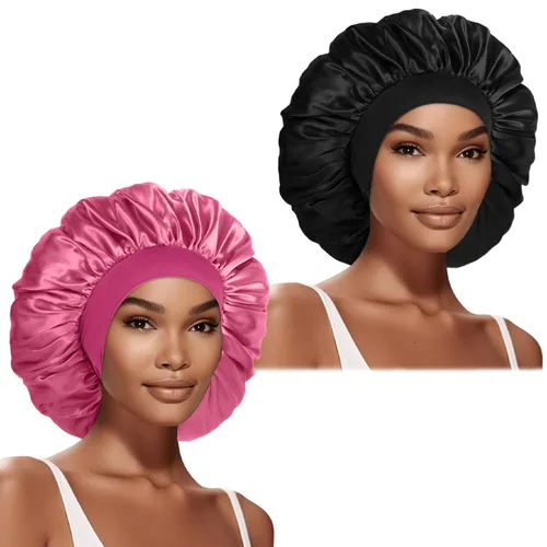Vista 7 de 2 piezas de gorros de satén extra grandes para dormir de 17 pulgadas, gorro de seda jumbo para mujeres (negro y morado)