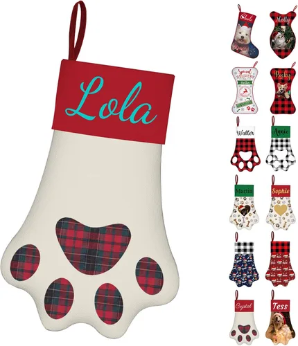 Vista 9 de Calcetines de Navidad personalizados con foto de nombre, medias personalizadas en forma de hueso para perros, gatos, mascotas, medias de Navidad