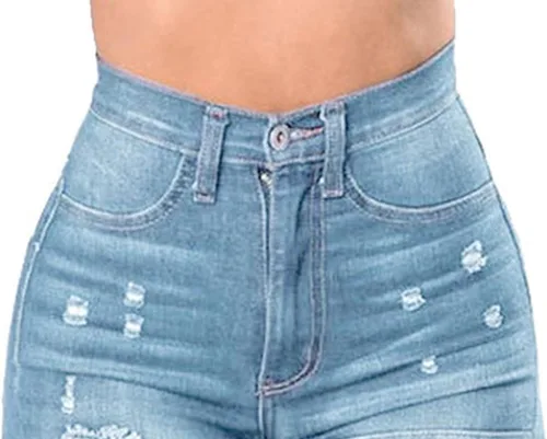 Vista 2 de Pantalones de mezclilla rasgados y ajustados de cintura alta para mujer