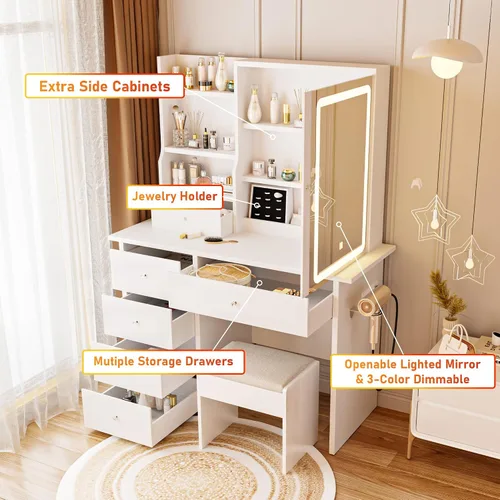 Vista 2 de Mesa de tocador ALEAVIC con espejo y luces LED, juego de tocador de maquillaje con toma de corriente y taburete, almacenamiento para joyas, mesa
