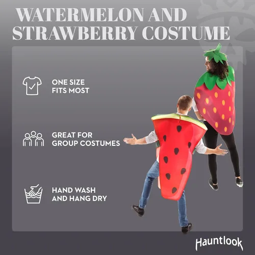 Vista 2 de Disfraces divertidos de frutas y verduras para parejas, 2 disfraces de Halloween para mujeres y hombres, talla única, disfraces de fresa y sandía