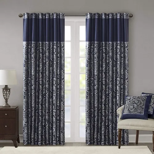 Vista 13 de Madison Park Cortina jacquard de paisley de seda sintética, con bolsillo para barra con forro de privacidad para sala de estar, cocina, dormitorio