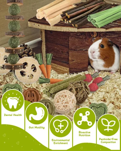 Vista 2 de 40 juguetes masticables de conejo para dientes, juguetes naturales para masticar, zanahoria, fresa, pastel de hierba Timothy, bambú dulce, palitos