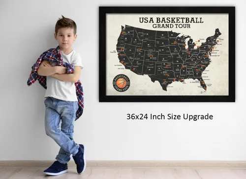 Vista 7 de GEOJANGO Mapa de arena de baloncesto, regalo deportivo para fanáticos del baloncesto – Sigue tus viajes deportivos – Mapa enmarcado, póster
