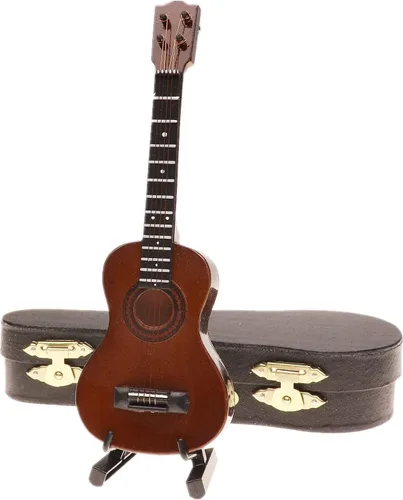 Vista 7 de Ukelele miniatura de madera con soporte y estuche, mini instrumento musical, réplica de ukelele, figuras coleccionables, modelo de decoración