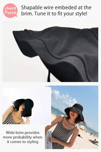 Vista 4 de Sombrero de pescador de ala ancha - Protección UPF50+ Sombrero de sol de playa con ala plegable ajustable semirrígida Negro