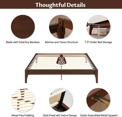 Vista 4 de Merax Moderno marco de cama de bambú tamaño King con cabecero tapizado alto Beige+chocolate