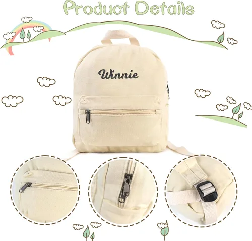 Vista 4 de MT WORLD Mochila pequeña personalizada de lona pequeña, mochila de viaje vintage para niños y niñas, Crema, Mochila Vintage