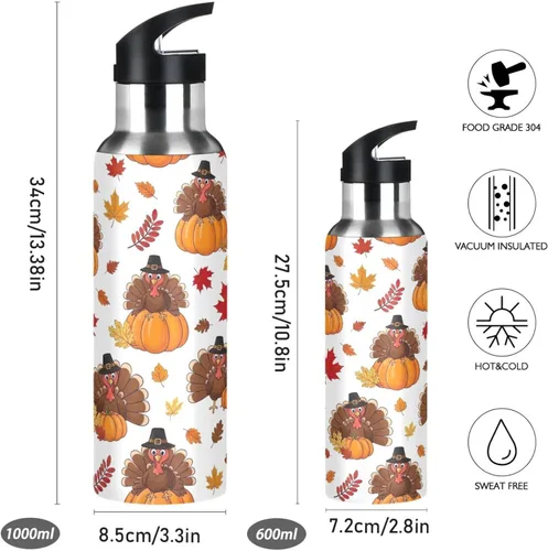 Vista 2 de BPA-Free Sport Water Bottle Insulated 20 Oz, Stainless Steel Vacuum Insulated Water Bottle for Gym Outdoor Travel School, Cartoon Turkeys Hats