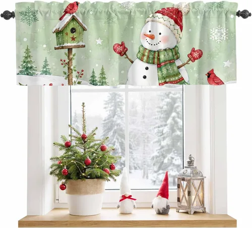 Vista 11 de Christmas Valances for Windows Kitchen Curtains Christmas Balls Bell Window Valance, Gold Star Snowflake Pine Needle Short Topper Window Curtain
