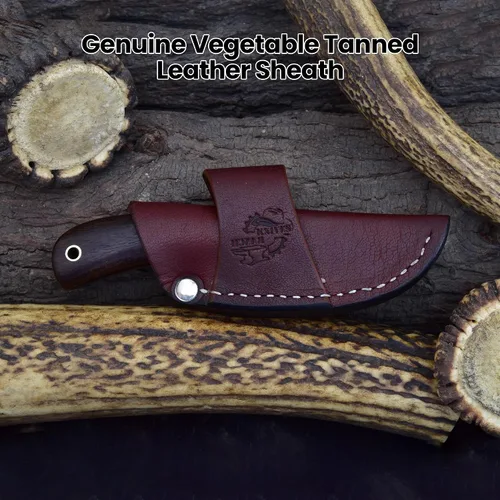 Vista 7 de Knives Ranch Cuchillo EDC hecho a mano de acero de Damasco de 5.5 pulgadas, hoja fija de espiga completa, mango de palisandro, funda de cuero