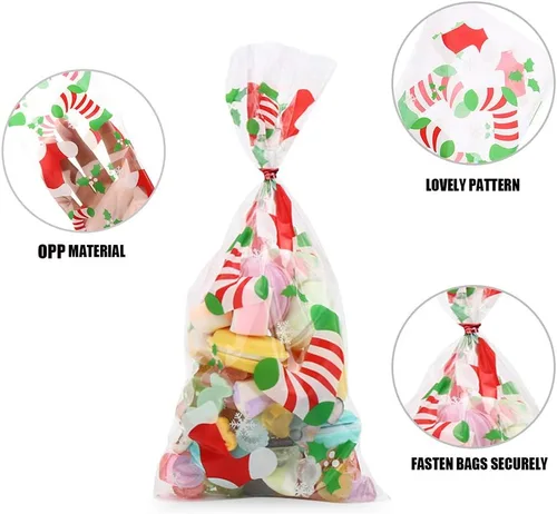 Vista 3 de CCINEE Bolsas de celofán de Navidad, bolsas de golosinas surtidas de Navidad con lazos torcidos, bolsas de galletas de caramelo para suministros