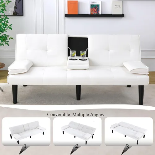 Vista 5 de Sofá cama futón moderno de 67 pulgadas, sofás cama convertibles 3 en 1 con respaldo ajustable, portavasos, cómodo sofá reclinable loveseat de cuero