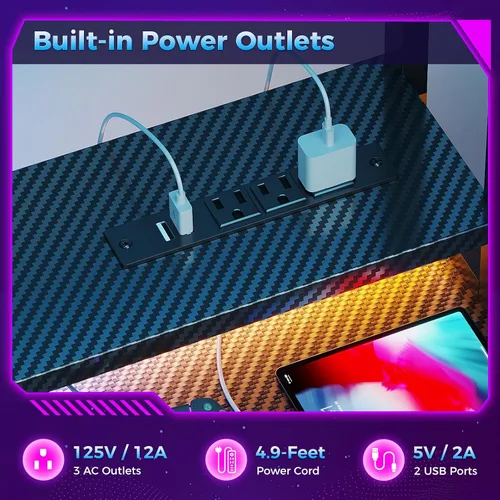 Vista 5 de Casaottima - Escritorio de juegos de 48 pulgadas con alacena y 3 cajones de tela, escritorio para computadora con puertos USB y luces LED, mesa