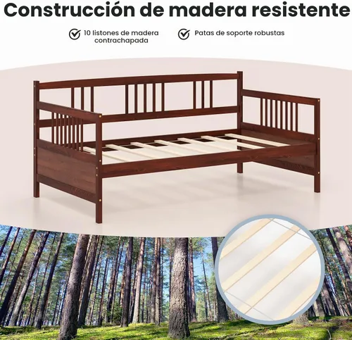 Vista 5 de Giantex - Marco de cama doble de día, sofá cama de madera con rieles y soporte de listones de madera, marco de cama de plataforma tamaño individual