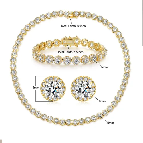 Vista 2 de Gemsme Juego de collar de tenis chapado en oro de 18 quilates con circonita cúbica para mujeres y hombres, Latón, Circonita cúbica