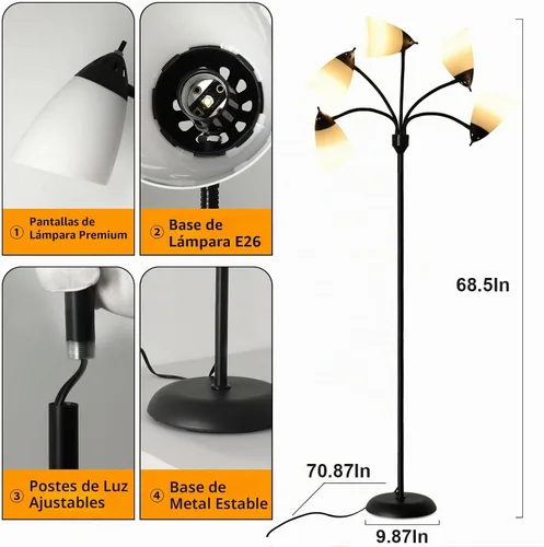 Vista 5 de DLLT - Lámpara de pie moderna para habitación: 5 luces flexibles de cuello de cisne negro lámparas de pie para sala de estar, dormitorio, hogar