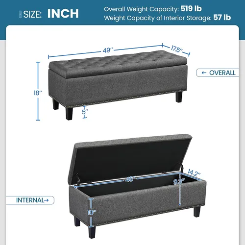 Vista 3 de Yaheetech Banco otomano de entrada de 49 pulgadas con almacenamiento, taburete multiusos para reposapiés, color gris oscuro