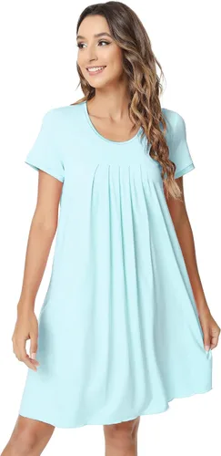 Vista 3 de NACHILA Camisón de bambú para mujer, suave, de manga corta, plisado, cuello redondo, cómodo, para dormir, S-XXG, L